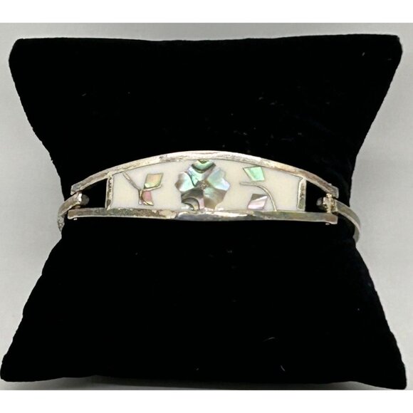 Vintage Taxco Mexico Silver-Tone & Abalone Inlay Cuff Bracelet Size 6.5 - Picture 5 of 9
